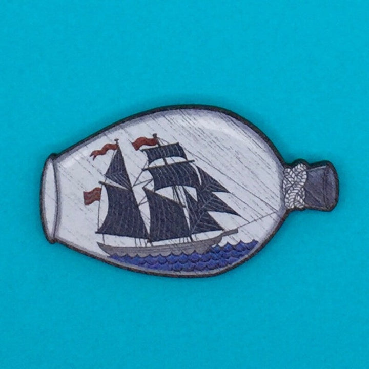 Ship in Bottle Walnut Pin Brooch