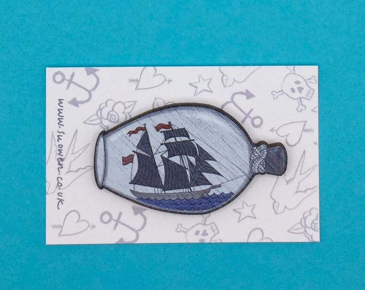 Ship in Bottle Walnut Pin Brooch