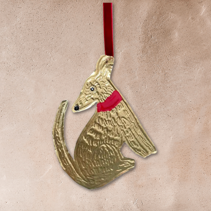 Tin Embossed Sitting Dog Ornament with Ribbon