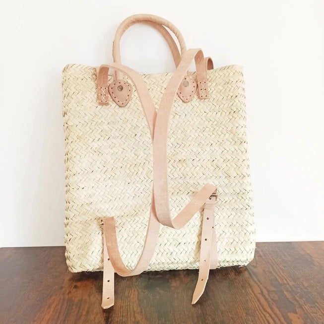 Panama Straw Backpack with Leather Straps