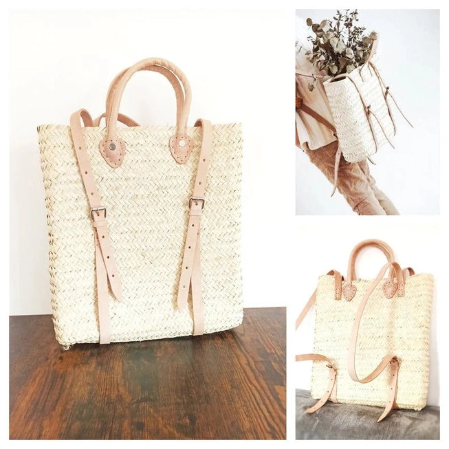 Panama Straw Backpack with Leather Straps