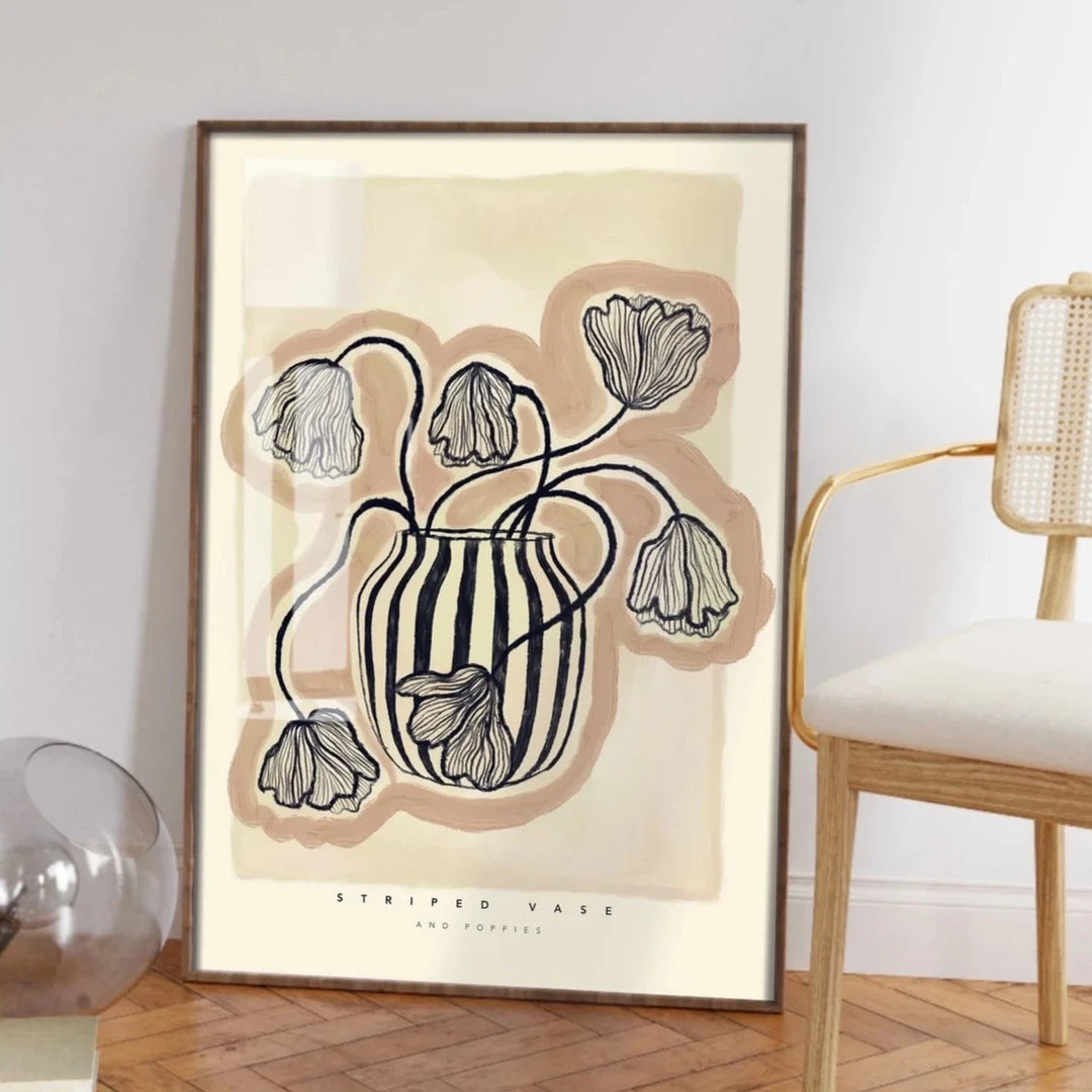 Striped Vase with Black Flowers Art Print A3