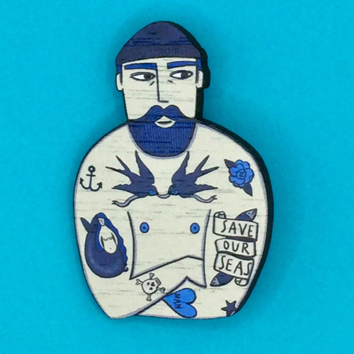 Tattooed Sailor Walnut Pin Brooch