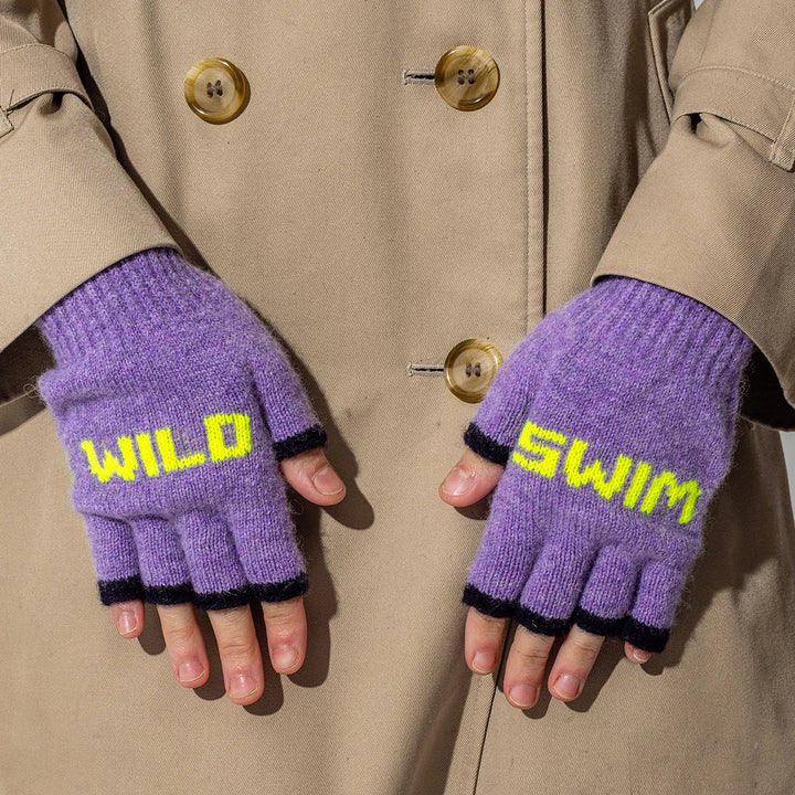 Wild Swim Merino Fingerless Gloves in Parma Violet & Neon Yellow