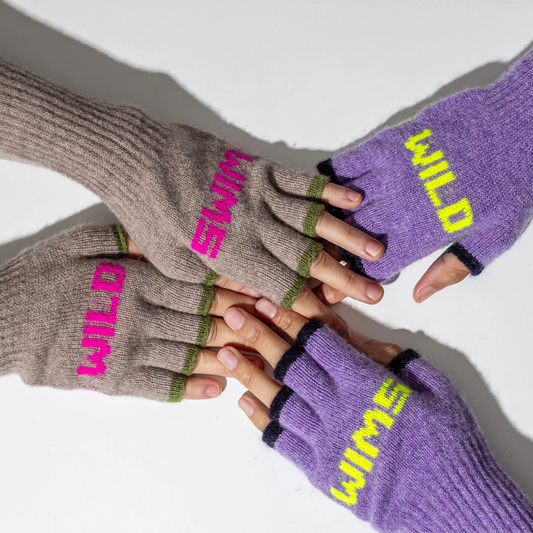 Wild Swim Merino Fingerless Gloves in Parma Violet & Neon Yellow