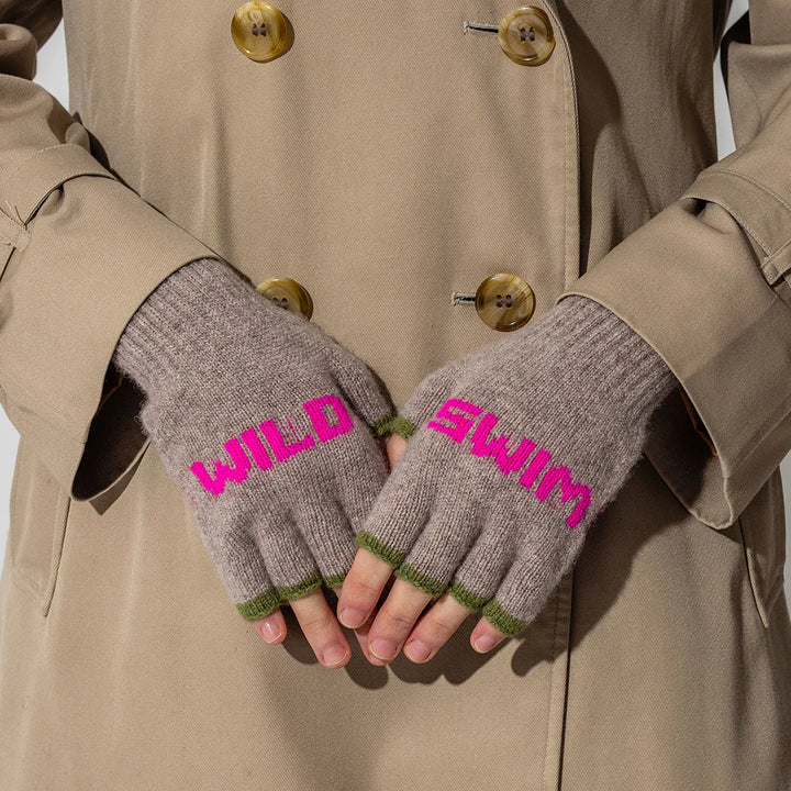Wild Swim Merino Fingerless Gloves in Mushroom & Neon Pink