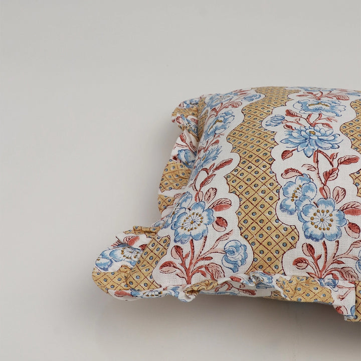 Blooming Trellis Block Printed Ruffled Cushion Cover