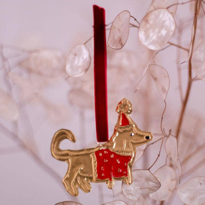 Tin Embossed Dog Ornament with Ribbon