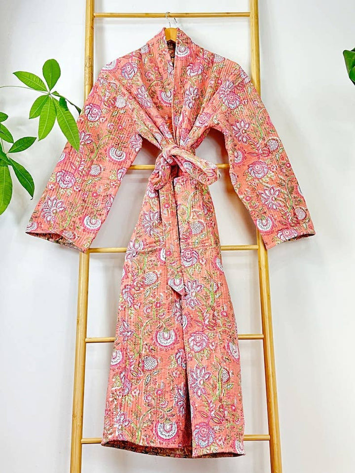 Boho Peachy Pink Floral Quilted Robe