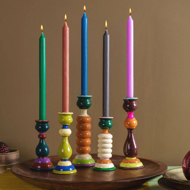 Green & Purple Hand Painted Wooden Candle Holder