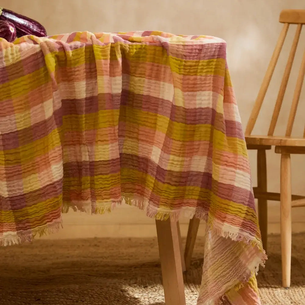 Harvest Gingham Muslin Tablecloth with Fringe