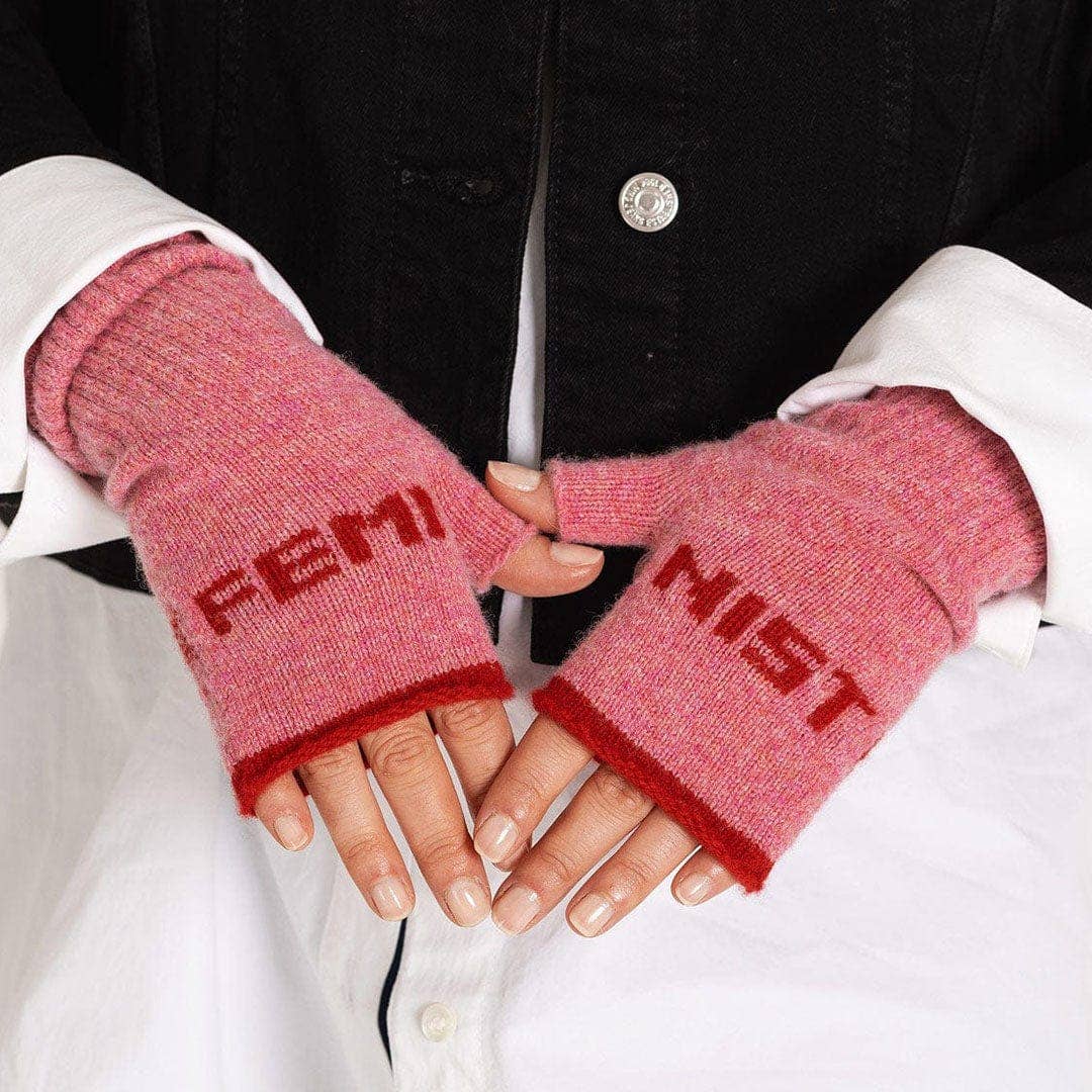 Feminist Fingerless Mittens in French Rose & Rouge