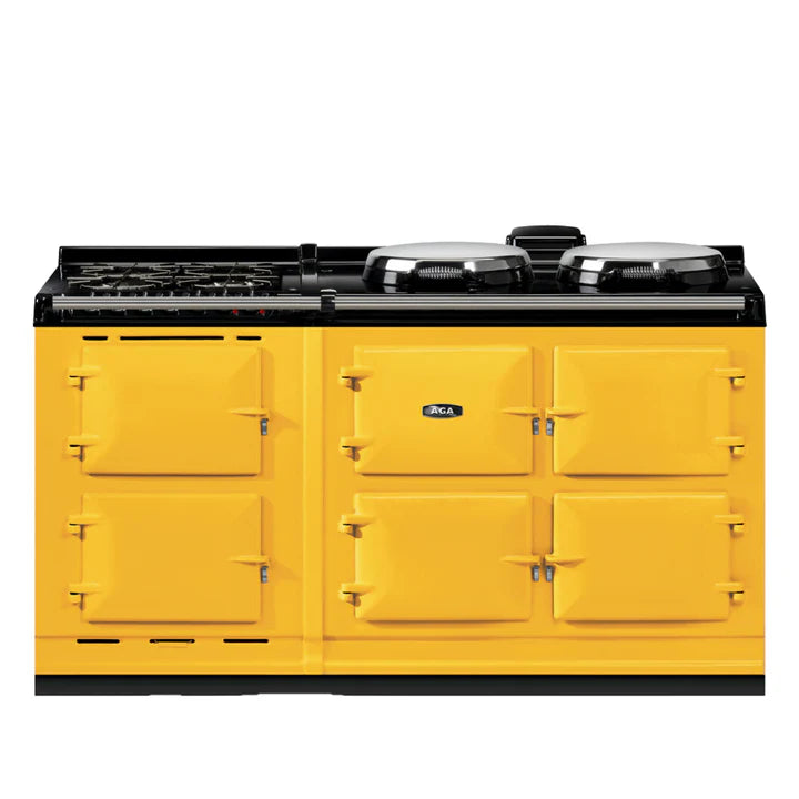Mustard AGA kitchen stove with black cooktop on a white background