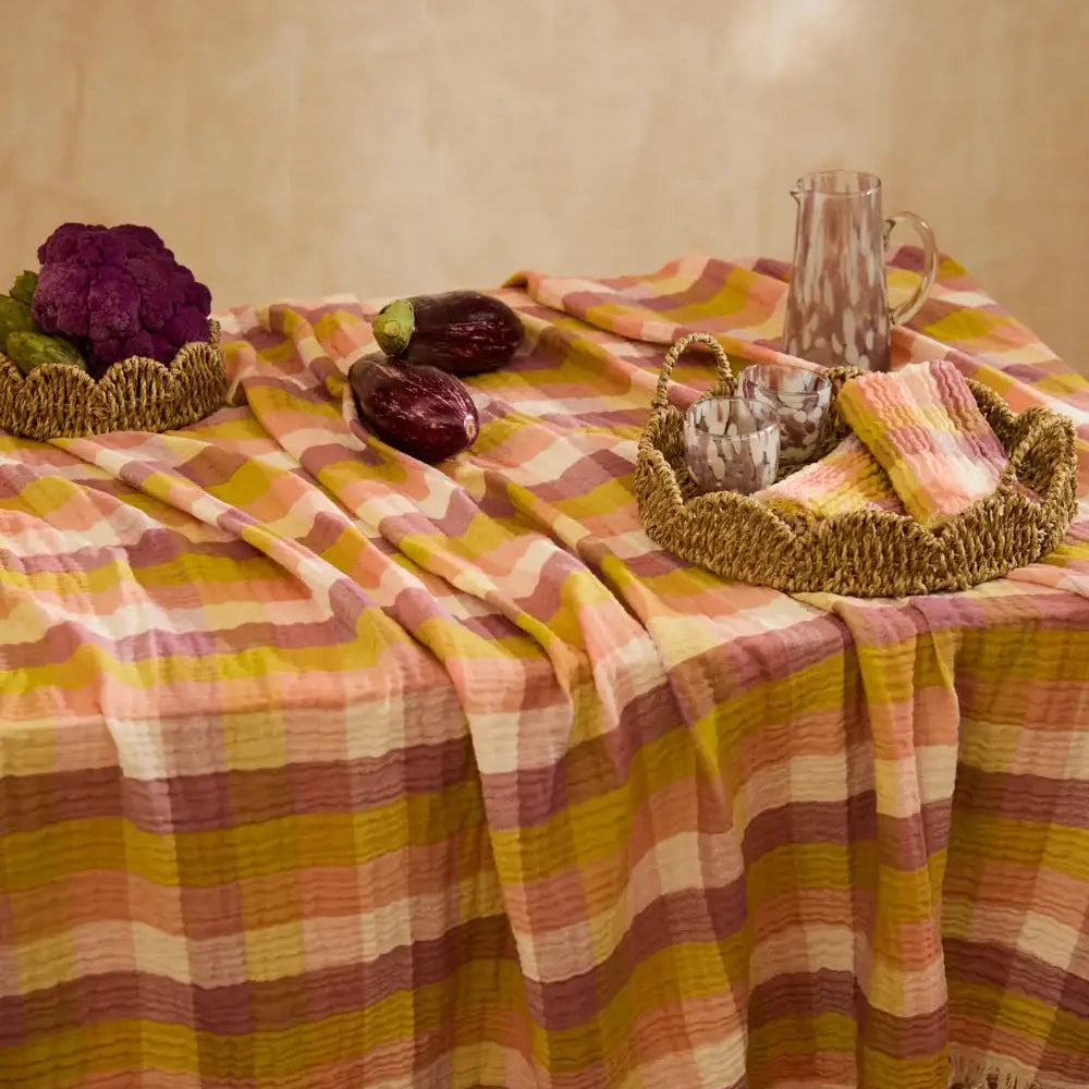 Harvest Gingham Muslin Tablecloth with Fringe