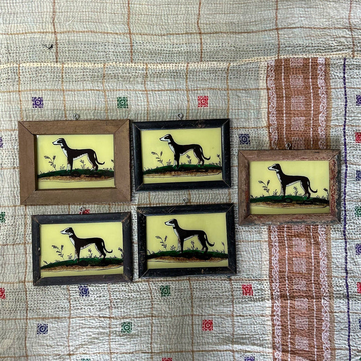 Black Whippet Indian Glass Painting - Vintage