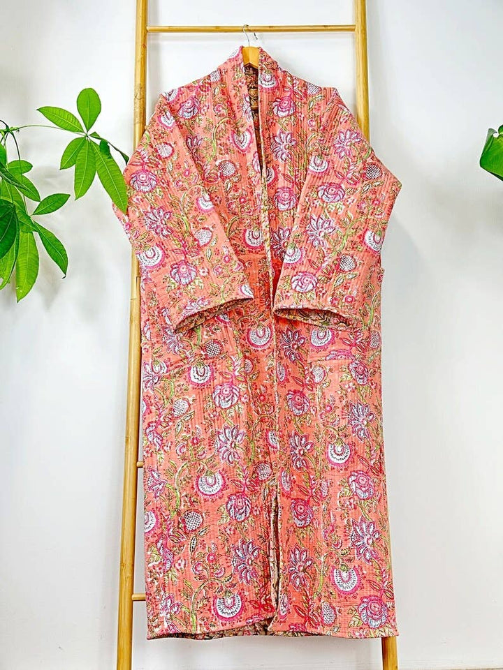 Boho Peachy Pink Floral Quilted Robe