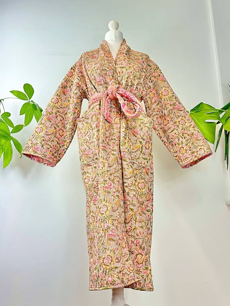 Boho Peachy Pink Floral Quilted Robe