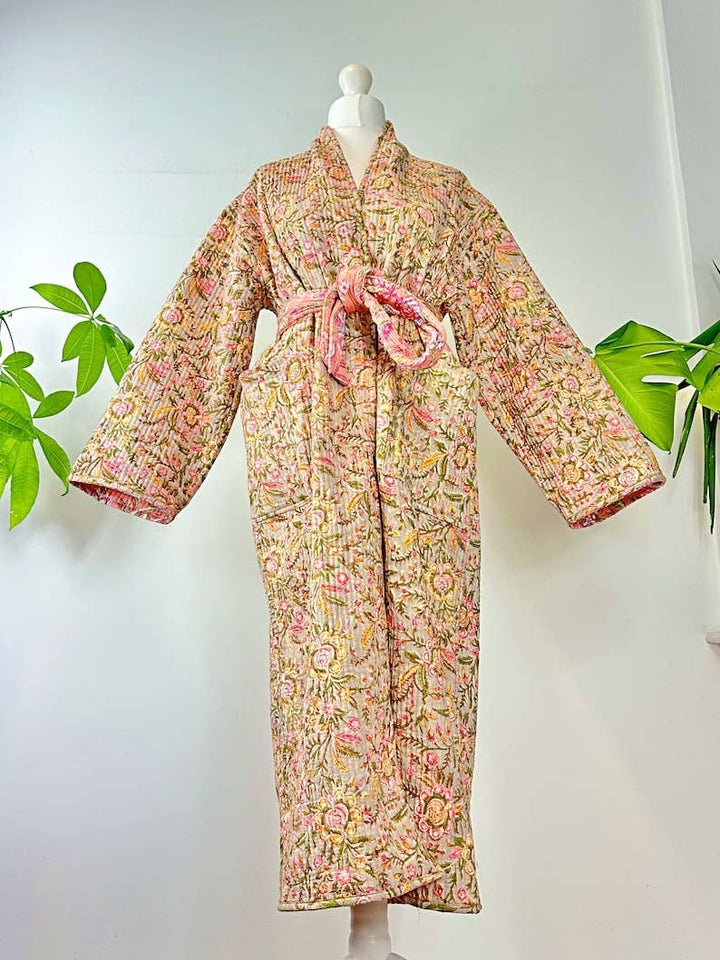 Boho Peachy Pink Floral Quilted Robe