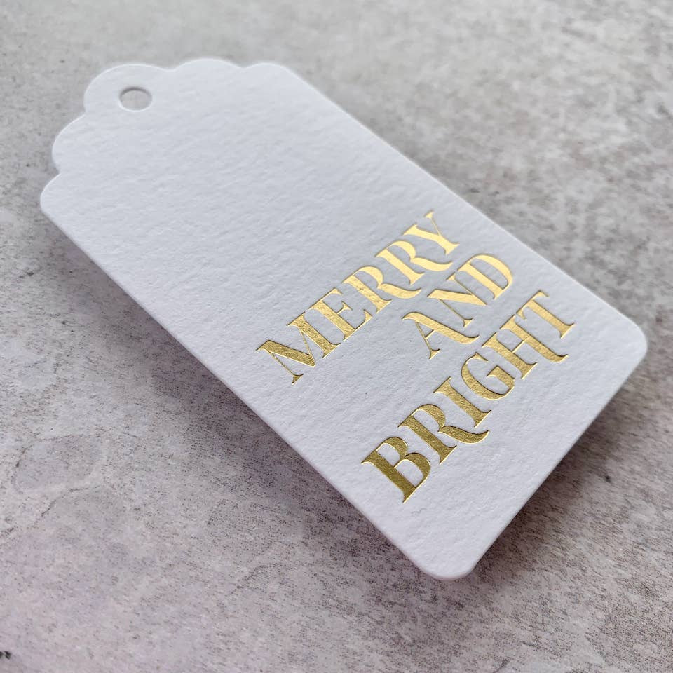Merry & Bright Gold Foil Letterpress Gift Tag - Pack of 6