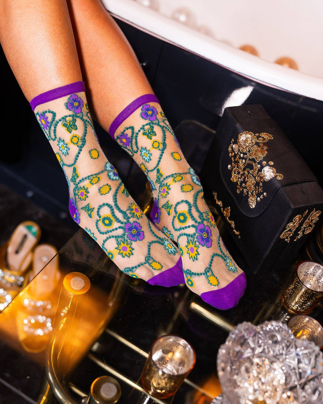 Jewelled Floral Gold Shimmer Sheer Socks