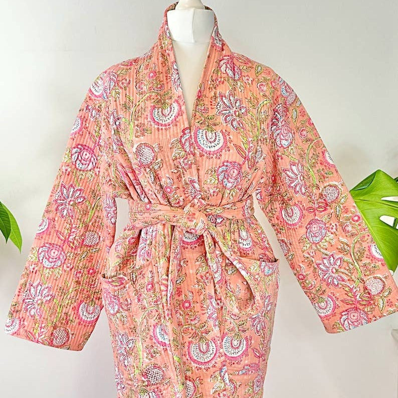 Boho Peachy Pink Floral Quilted Robe
