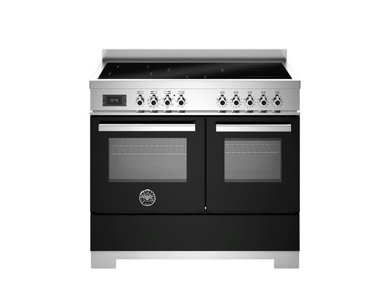bertazzoni induction range cooker with black exterior and stainless steel accents