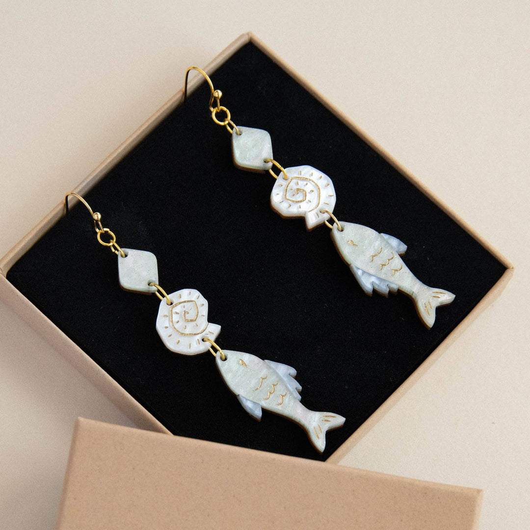 Ocean Fish, Shell & Pearl Drop Earrings