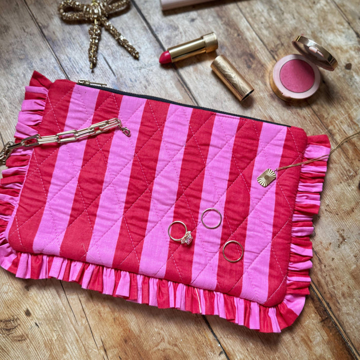 Pink and Red Stripe Ruffle Clutch