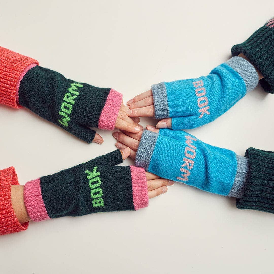 Book Worm Merino Mittens in Forest Green & Neon Green