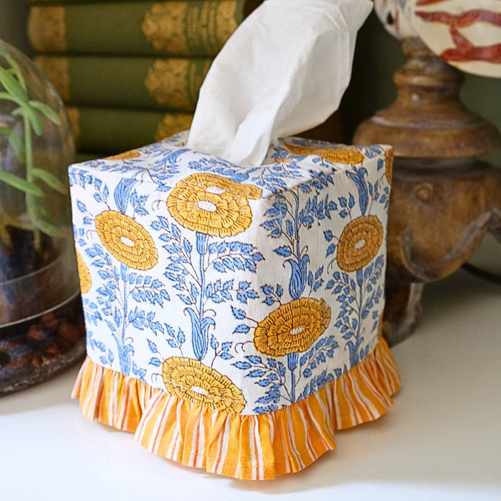 Ruffled Tissue Box Cover in Araminta Yellow Blockprint
