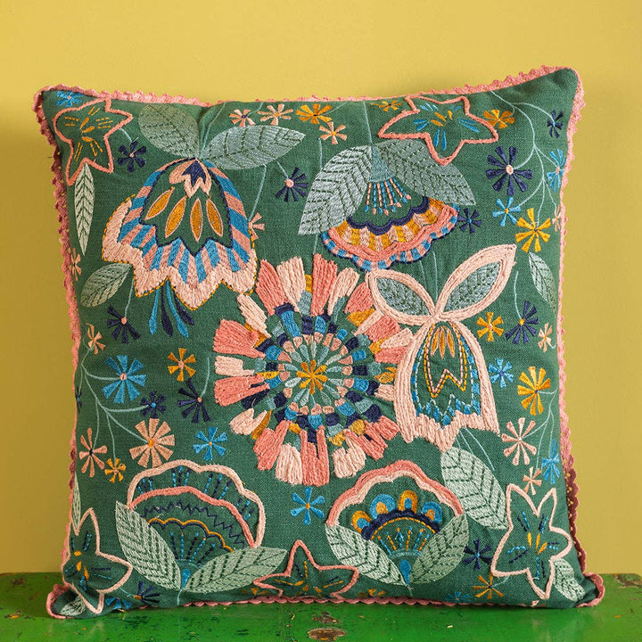 Sea Green Floral Embroidered Cushion Cover