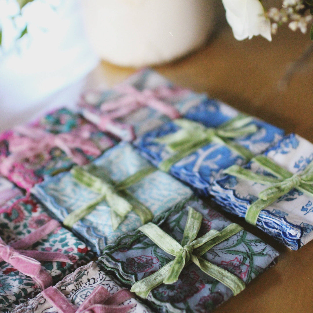 Set of 2 Hand Block Printed Cotton Napkins - Blue Wave