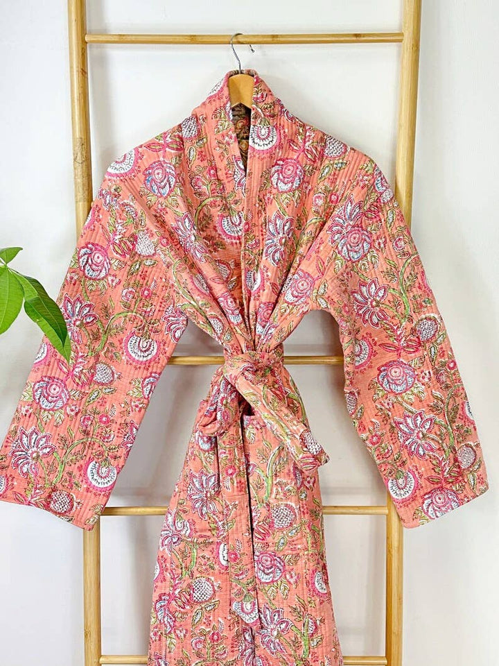 Boho Peachy Pink Floral Quilted Robe