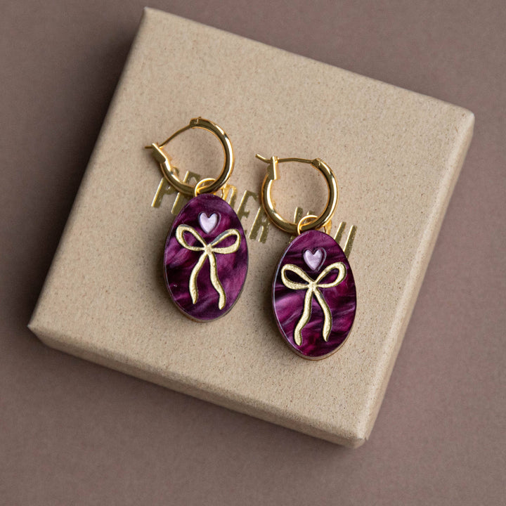 Oval Bow Charm Hoop Earrings in Merlot Red & Gold