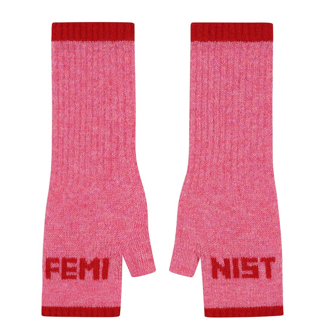 Feminist Fingerless Mittens in French Rose & Rouge