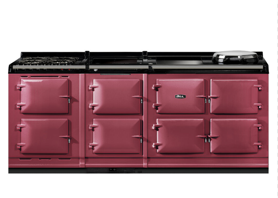 Red Aga range cooker with black cooktop on a white background