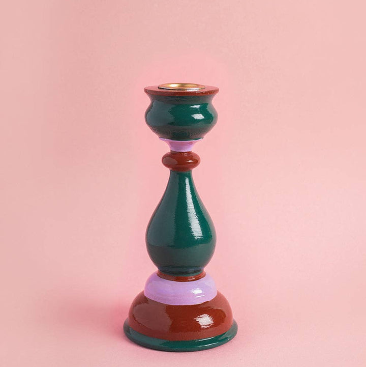 Green & Purple Hand Painted Wooden Candle Holder