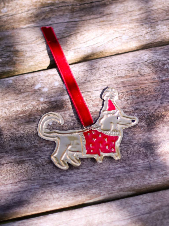 Tin Embossed Dog Ornament with Ribbon