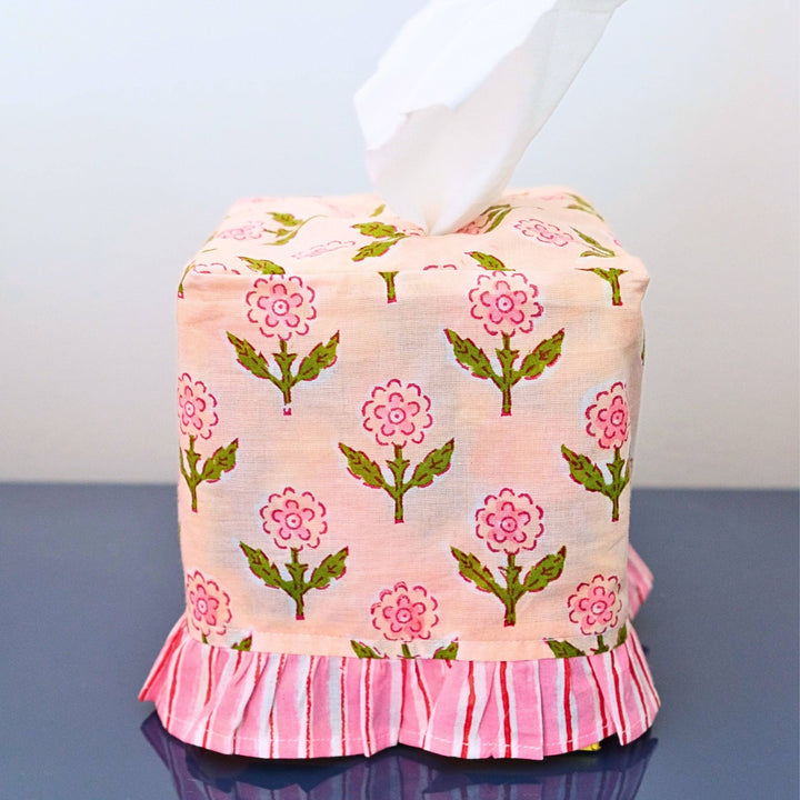 Ruffled Tissue Box Cover in Mona Pink Blockprint