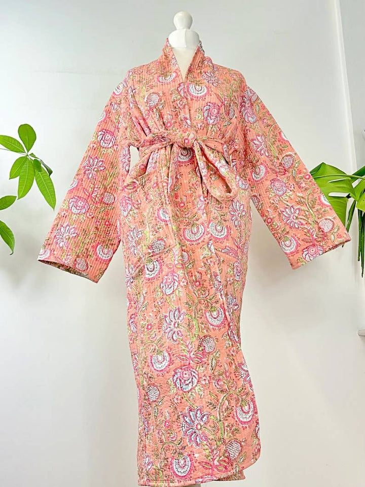 Boho Peachy Pink Floral Quilted Robe