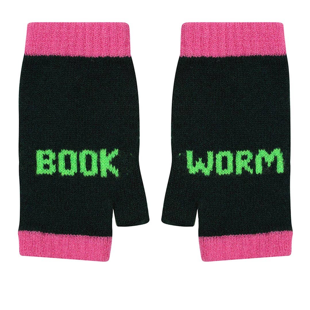 Book Worm Merino Mittens in Forest Green & Neon Green