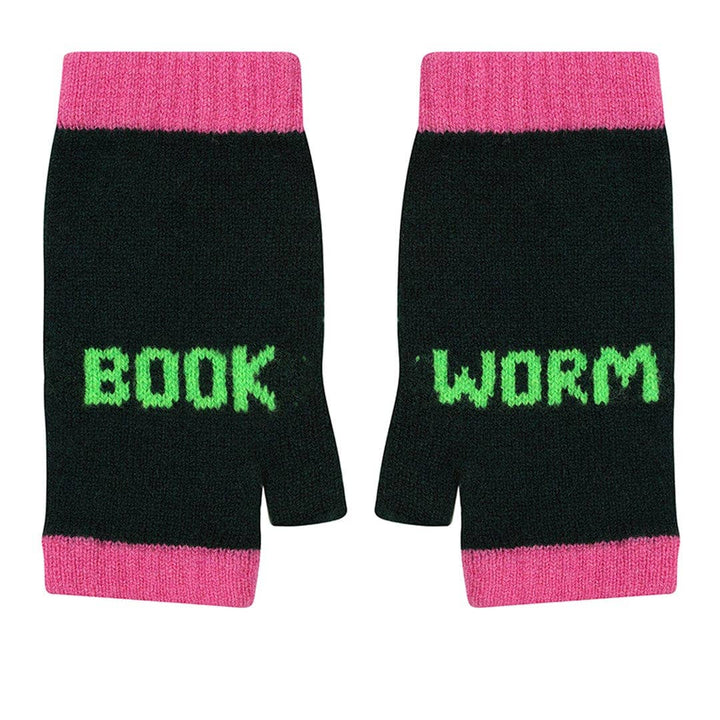 Book Worm Merino Mittens in Forest Green & Neon Green