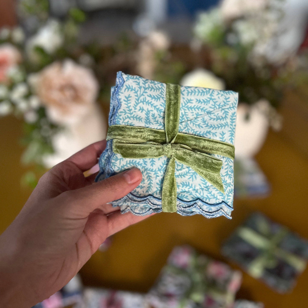 Set of 2 Hand Block Printed Cotton Napkins - Blue Wave