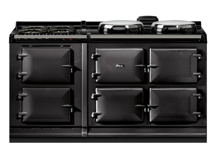 Black AGA kitchen range cooker on a white background