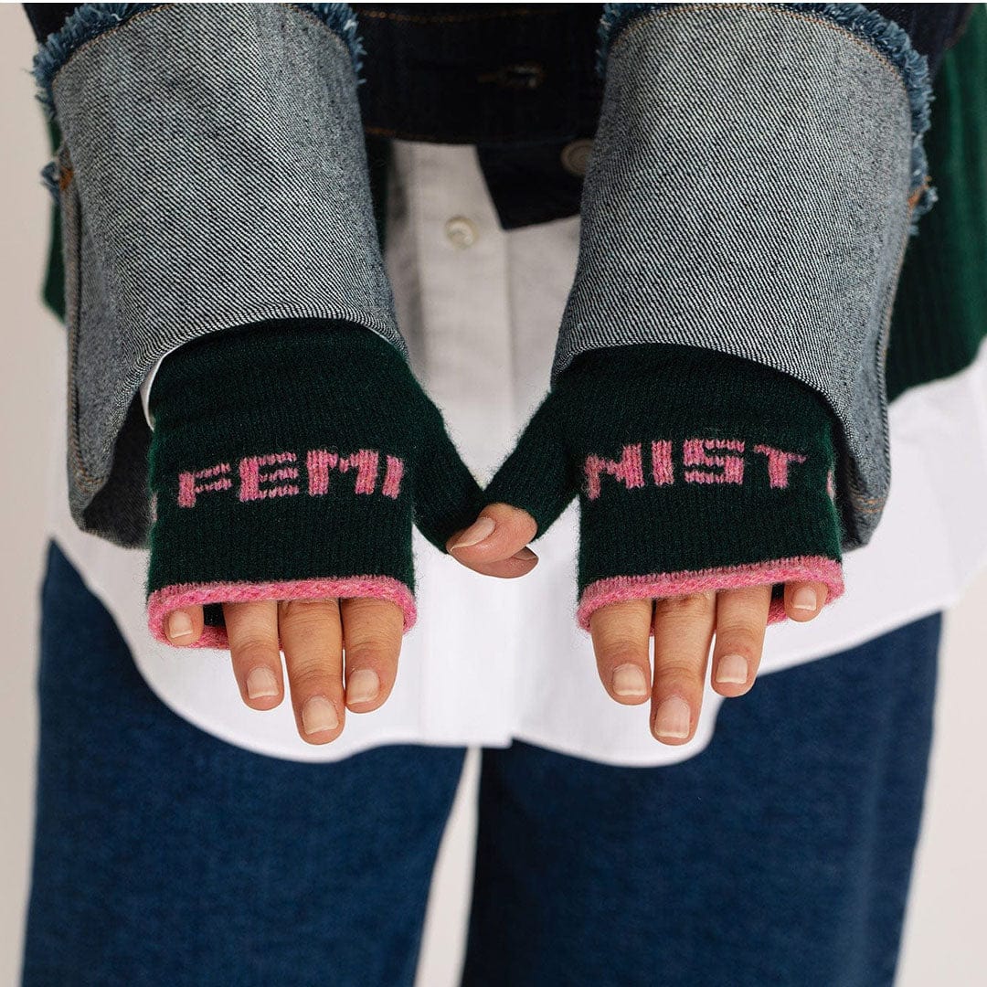Feminist Fingerless Mittens in Forest Green & French Rose