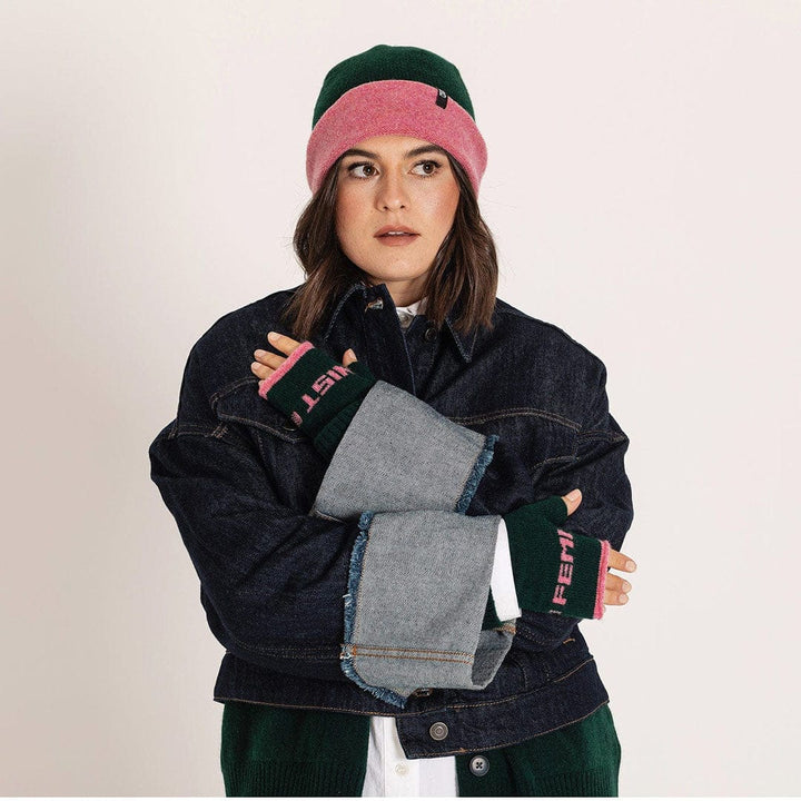 Feminist Fingerless Mittens in Forest Green & French Rose