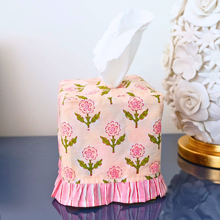 Ruffled Tissue Box Cover in Mona Pink Blockprint