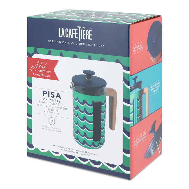 La Cafetière Pisa 8 Cup 1L Stainless Steel Cafetiere in Cyan Tides