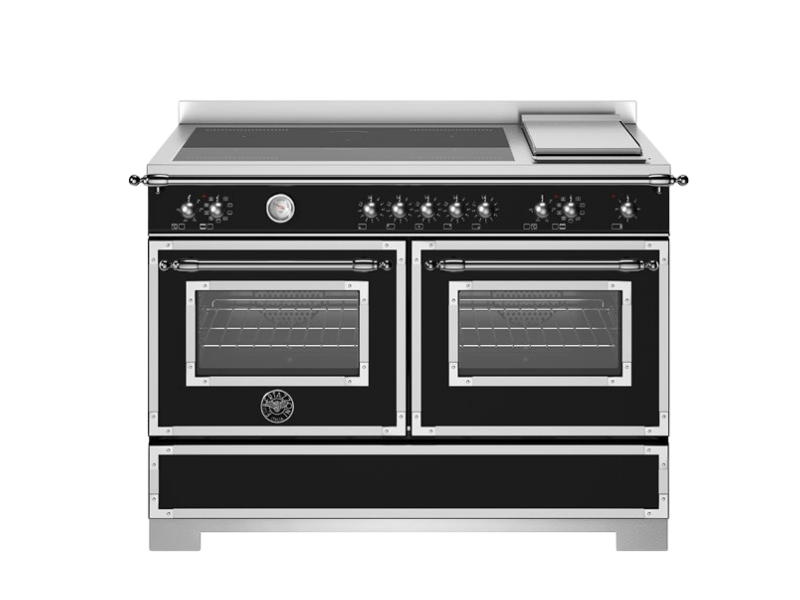 Black and silver stove with multiple burners on a white background
