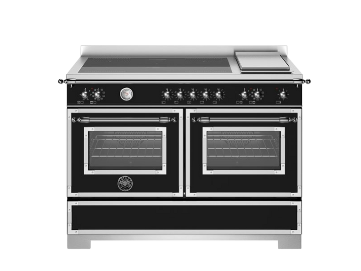 Black and silver stove with multiple burners on a white background